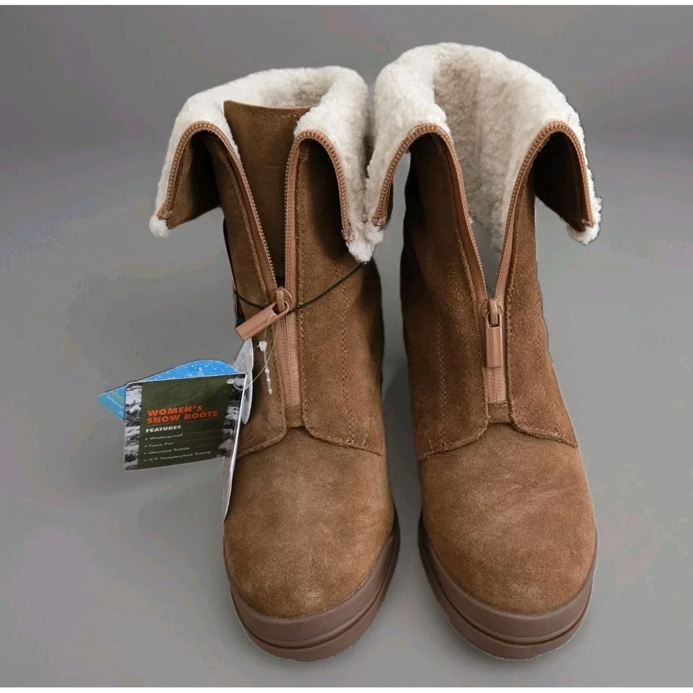 Ozark Trail Women's Wedge Waterproof Boots Sz 9 Faux Fur Cuff Front‎ Zipper Boho